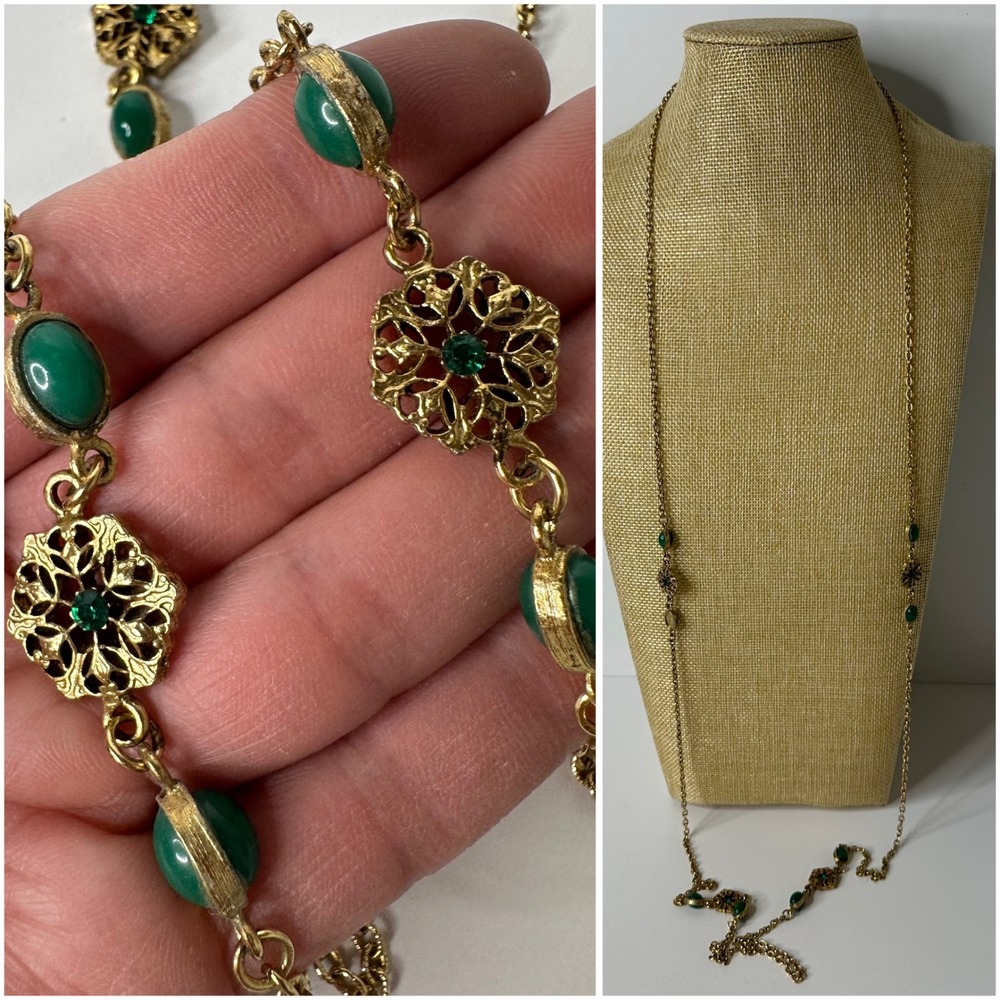 Vtg 54" Opera Length Station Necklace Gold Tone Green Cabochon Filigree Layering